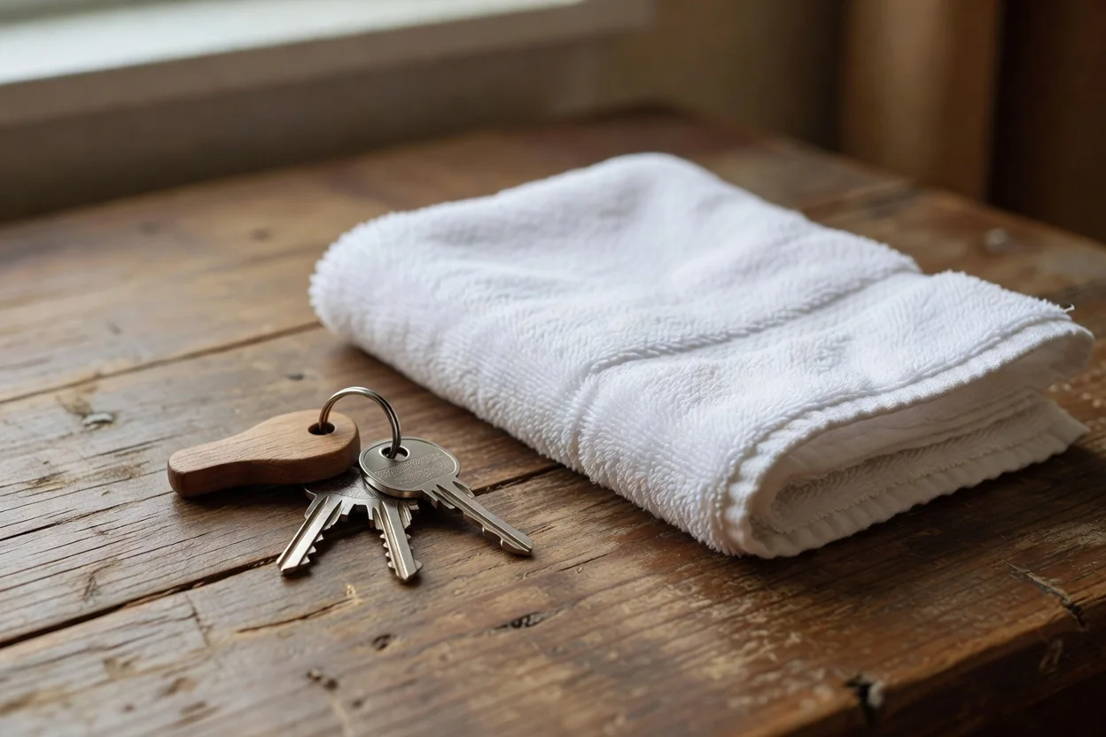 Ključevi apartmana s drvenim privjeskom i složeni bijeli ručnik na drvenom stolu