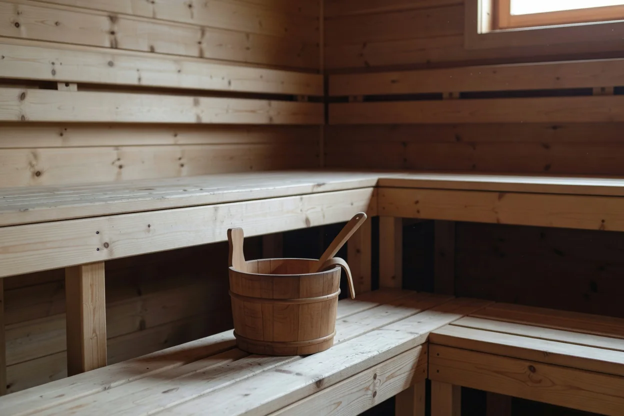 Prazna drvena sauna s klupama, drvenom kantom i kvačicom